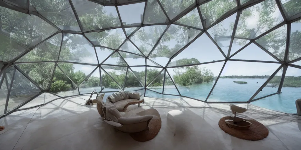 Image similar to interior of a home that is an underwater concrete geodesic dome