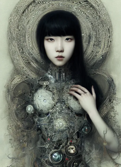 Prompt: portrait of a sensual cybernetic korean goth girl, inagi, modern fine art, fractal, intricate ornaments, elegant, highly detailed, digital photography, subsurface scattering, by jheronimus bosch and greg rutkowski,