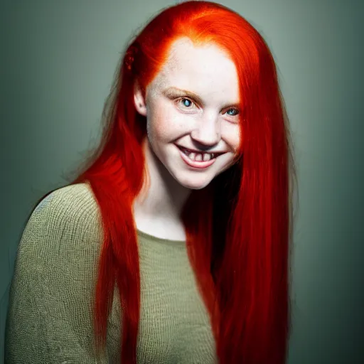 Image similar to artistic photo of a young beautiful woman with red hair and green eyes looking at the camera, smiling slightly, studio lighting, award winning photo by Annie Liebowitz