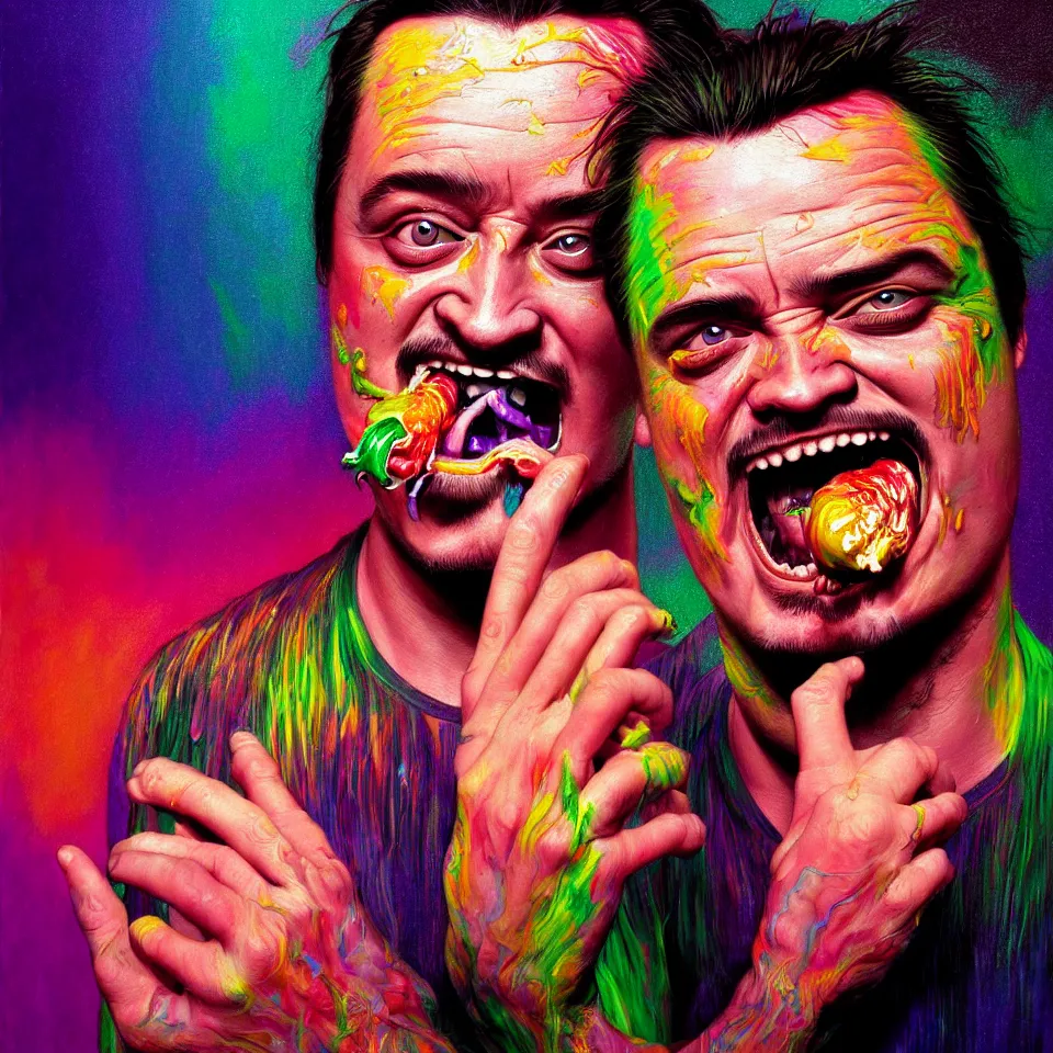 Image similar to bright psychedelic mike patton eating rotten flesh, smiling and puking, diffuse lighting, fantasy, intricate, elegant, highly detailed, lifelike, photorealistic, digital painting, artstation, illustration, concept art, smooth, sharp focus, art by francis bacon