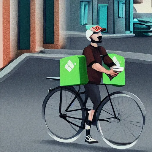 Image similar to uber eats delivery cyclist, trending on artstation, deviantart, Pinterest, detailed High Resolution, 8k