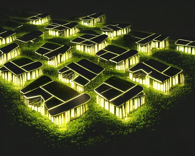 Prompt: connected ecovillage houses - plant goddess high quality photo, microchip, artificial intelligence, bio - mechanical bio - luminescence, black wired cables, neurons, nerve cells, cinematic, rim light, photo - realistic, elegant, high detail, 8 k, masterpiece, high fashion, in the style of man ray