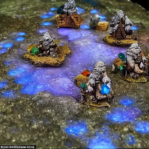 Prompt: dwarf pioneers have discovered an ancient path of the great empire of the ancient dwarves, illuminated by crystals and paved with gems