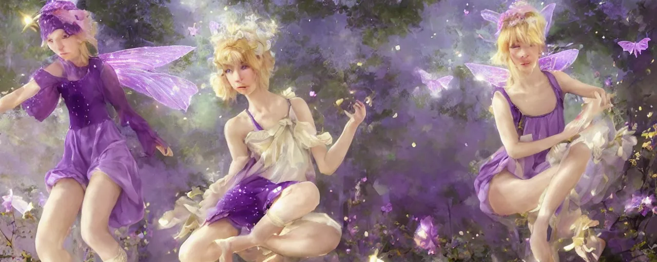 Image similar to Full View of a mysterious fairy maidens with short blond hair wearing an oversized purple Beret, Baggy Purple overall shorts, Short Puffy pants made of silk, silk shoes, a big billowy scarf, Golden Ribbons, white leggings Covered in stars. Short Hair. peasant magic. masterpiece 4k digital illustration by Ruan Jia and Mandy Jurgens and Artgerm and greg rutkowski , award winning, Artstation, art nouveau aesthetic, Alphonse Mucha background, intricate details, realistic, panoramic view, Hyperdetailed, 8k resolution, intricate art nouveau, smooth, sharp focus