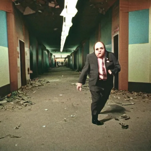 Image similar to A creepy photo of Danny Devito chasing you in an abandoned shopping mall, disposable film