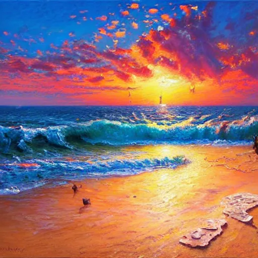 Image similar to acrylic painting, impressionism and expressionism, strong emotional impact, bold pastel colors, expressive brushstrokes. by peter mohrbach and mark keathley. fantasy illustration of the shore of the island of monuments and statues. spectacular sunset, stone monuments on the beach. beautiful and vivid trending on artstation hq 8 k contest winner # wow