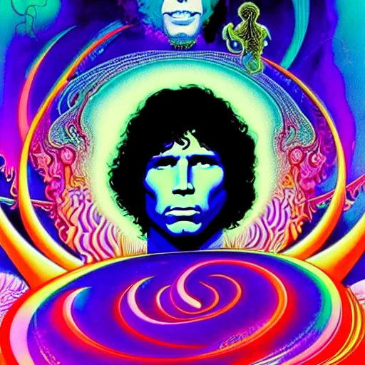 Image similar to a portrait of jim morrison by a mythical crystal temple, fractal waves, synthwave, bright neon colors, highly detailed, cinematic, eyvind earle, tim white, philippe druillet, roger dean, ernst haeckel, lisa frank, aubrey beardsley