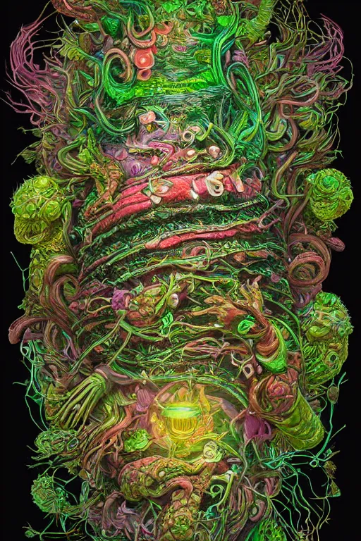 Image similar to creature sushi roots cactus elemental flush of force nature micro world fluo light deepdream a wild amazing steampunk baroque ancient alien creature, intricate detail, colorful digital painting radiating a glowing aura global illumination ray tracing