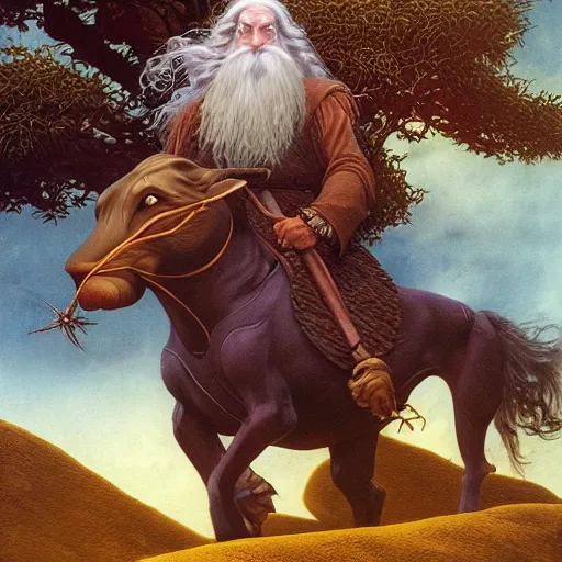 Image similar to Highly detailed oil painting of Gandalf the White riding a dachshund, intricate artwork by Angus McBride, John Howe, Matthew Stewart, Ted Nasmith, heroic fantasy