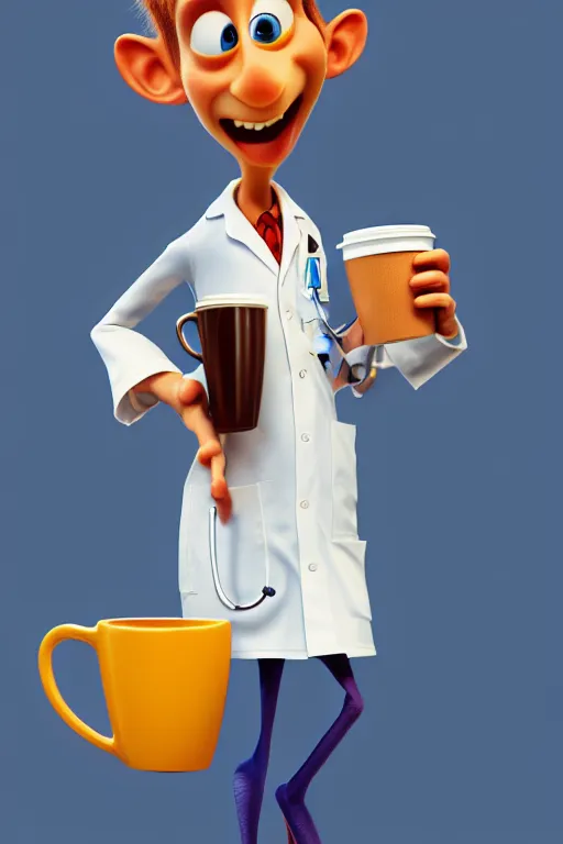 Image similar to portrait of the crazy doctor holding a cup of coffee, hospital in background, full body. pixar disney 4 k 3 d render funny animation movie oscar winning trending on artstation and behance. ratatouille style.