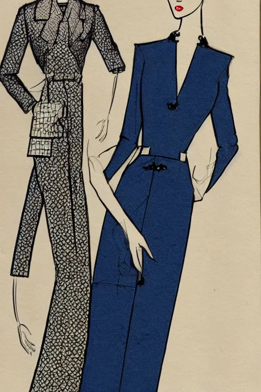 Image similar to a detailed high fashion couture illustration of a mid - century outfit