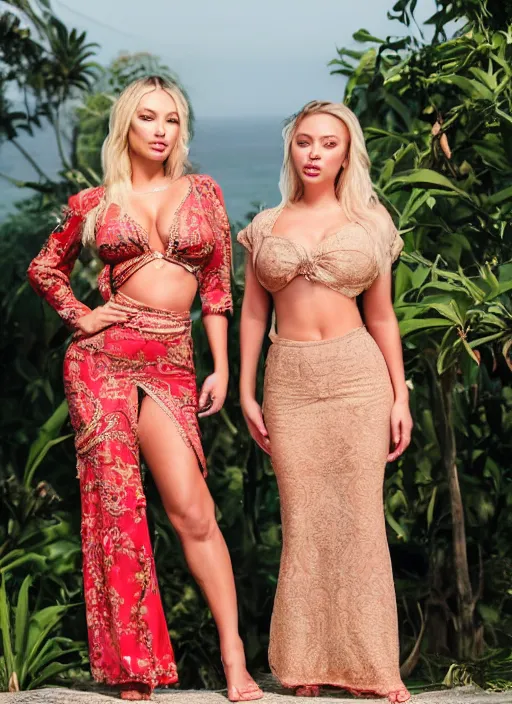 Image similar to portrait of lindsey pelas and scarlet johansson wearing kebaya in bali, by charlotte grimm, natural light, detailed face, beautiful features, symmetrical, canon eos c 3 0 0, ƒ 1. 8, 3 5 mm, 8 k, medium - format print, half body shot