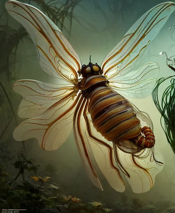 Image similar to intricate ornate opulent transparent clear see - through portrait of a horrific beautiful male human isopod nautilus dragonfly, adorable, childlike, overgrown biopunk jungle environment, ultra realistic, concept art, art nouveau, photorealistic, octane render, 8 k, unreal engine. art by christopher marley and artgerm and greg rutkowski and alphonse mucha