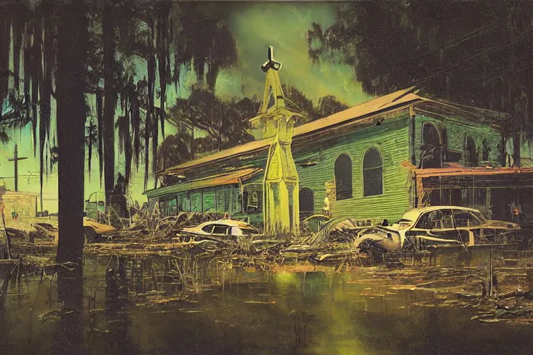 Image similar to scene fromlouisiana swamps, old protestant church with neon cross, junkyard by the road, boy scout troop, voodoo artwork by tim eitel