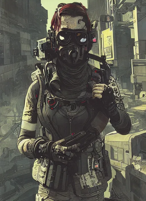 Prompt: cyberpunk blackops spy. athletic gear. portrait by ashley wood and alphonse mucha and laurie greasley and josan gonzalez and james gurney. spliner cell, apex legends, rb 6 s, hl 2, d & d, cyberpunk 2 0 7 7. realistic face. dystopian setting.