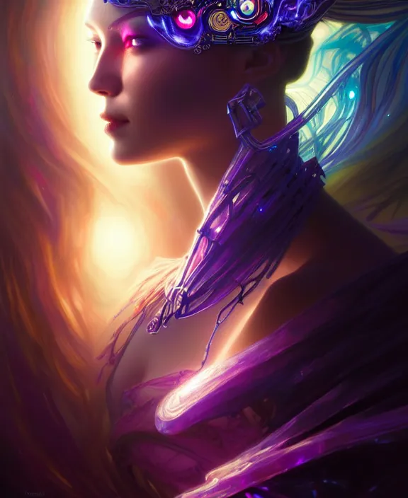 Image similar to a whirlwind of souls rushing inside the metaverse, half body, glowin eyes, tiara with sapphire, pharaoh, android, cyberpunk, d & d, fantasy, intricate, elegant, highly detailed, colorful, vivid color, digital painting, artstation, concept art, art by artgerm and greg rutkowski and alphonse mucha and ruan jia