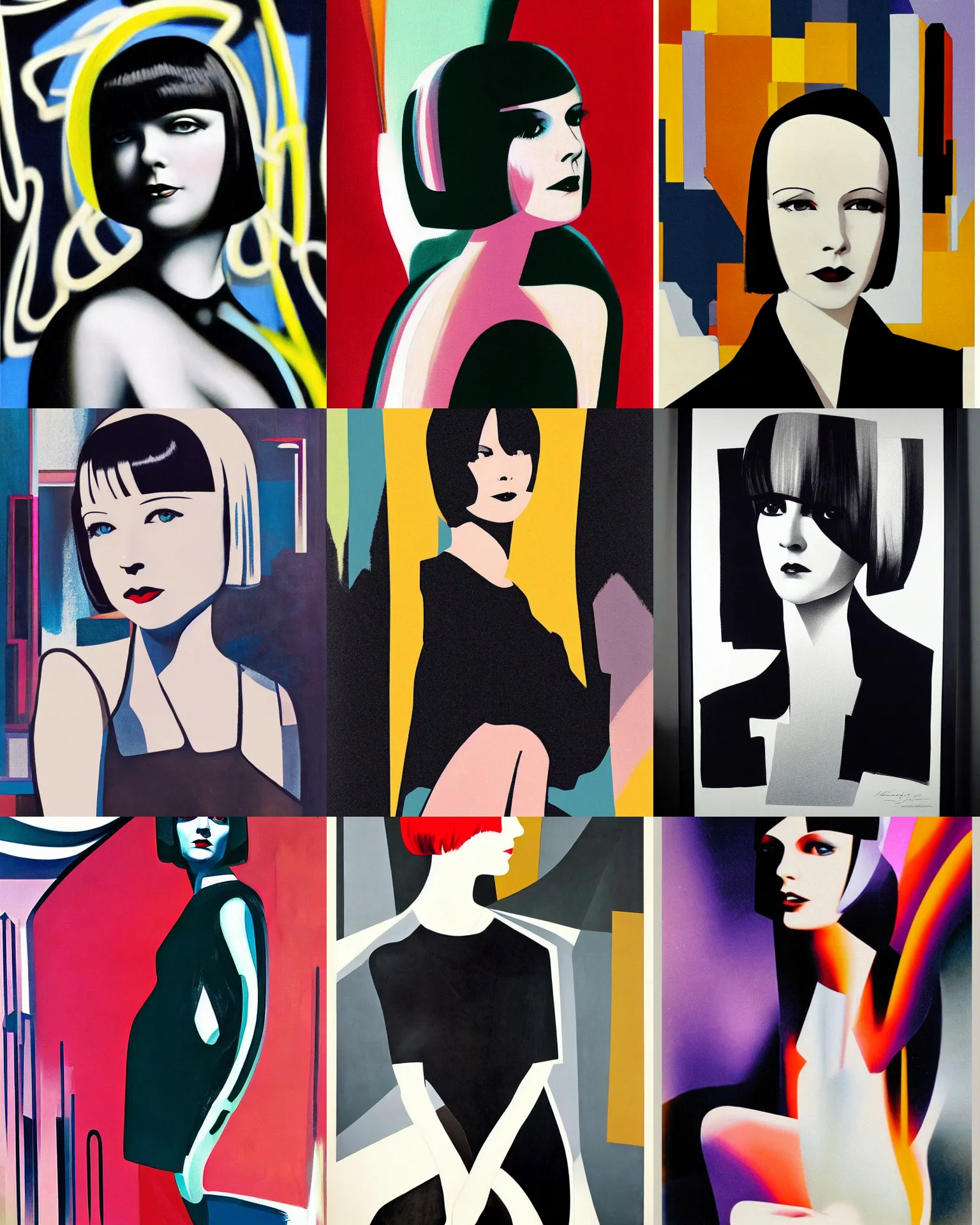 Image similar to full length portrait of 2 0 year old mary louise brooks, shiny bob haircut, dramatic light, abstract art deco city background, screen print, high contrast, sharp,, painted by ross tran 1 9 2 0 s