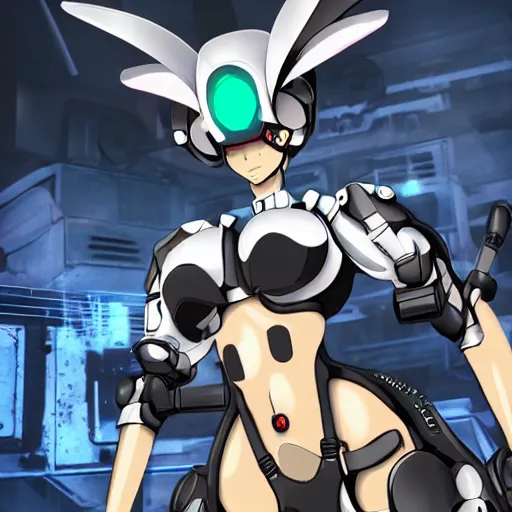 Prompt: a digital anime waifu demon operating a mech suit