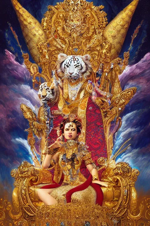 Prompt: ultradetailed painting of a beautiful grand empress on a throne made of gold and Jewels with a single white tiger guardian at her side by Karol Bak, magical realism, volumetric lighting, depth of field, 4k