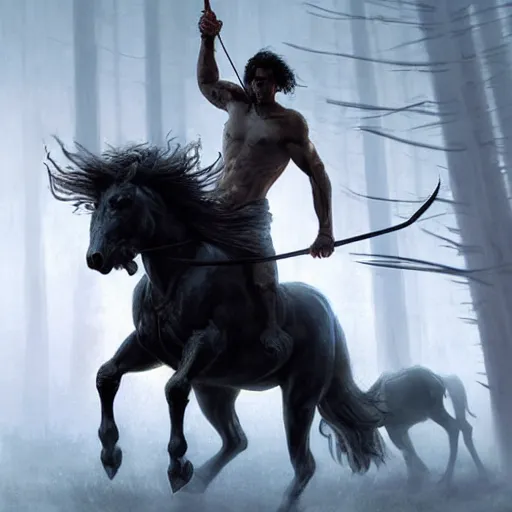 Prompt: Adam Driver as a centaur warrior, human and horse chimera, aiming a bow and arrow, galloping through the forest, digital art, fantasy art by Greg Rutkowski