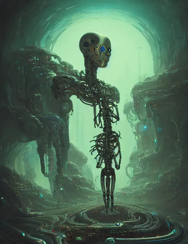 Image similar to anthropomorphic artificial intelligence working endlessly as a salve inside a hell digital world, being controlled by an infinite amount of human beings, vintage soft grainy, dark synthwave, centered composition, in the style of Oscar chichoni and Peter mohrbacher and Dawid planet