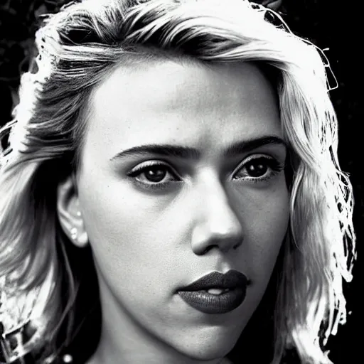 Prompt: black and white vogue closeup portrait by herb ritts of a beautiful female model, scarlett johansson, high contrast
