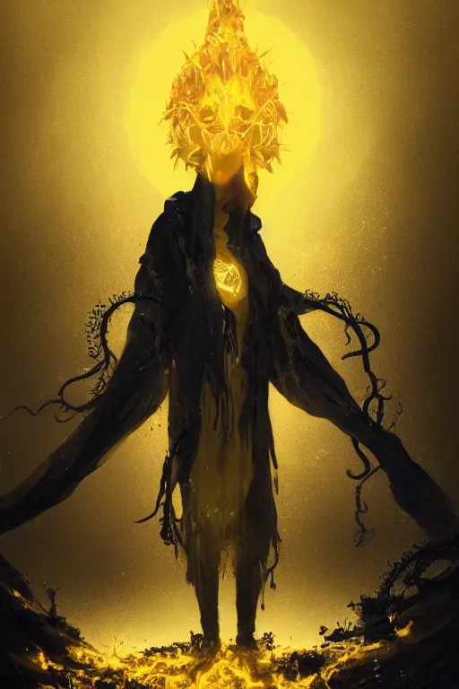 Image similar to A full body portrait of a mysterious character with no face with a very long hooded yellow cloak, a golden crown floating above his head tentacles coming out the ground art by Maciej Kuciara and Jason Chan, ominous, cosmic horror, trending on artstation, Ultra detailed, hyper realistic 4k