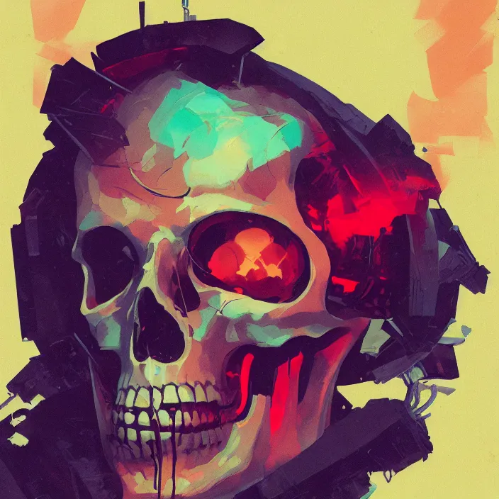 Prompt: a colorful comic noir illustration painting of a cyberpunk skull by sachin teng, sergey kolesov, greg rutkowski, rene magritte. in style of digital art. hyper detailed, sharp focus, soft light. octane render. ray tracing. trending on artstation