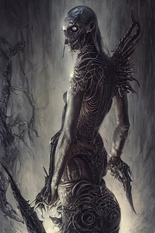 Image similar to portrait of hannah murray by hr giger, greg rutkowski, luis royo and wayne barlowe as a diablo, resident evil, dark souls, bloodborne monster