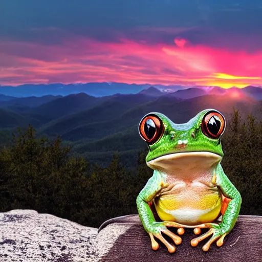 Image similar to king frog on a throne in beautiful mountains watching a sunset, photorealistic award winning