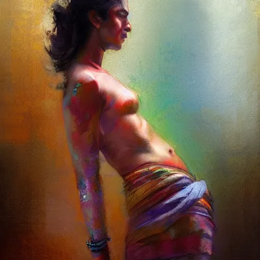 Image similar to a realistic hyperdetailed multi - colored digital oil full body portrait painting of a an indian woman sunbathing, beautiful, the style of guy denning, ruan jia, and craig mullins. trending on artstation and deviantart. cgsociety digital art.