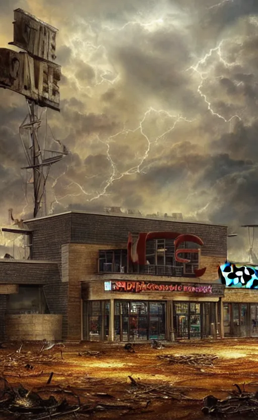 Prompt: beautiful epic painting of a uk mcdonalds in an apocalypse. thunder, lightning, fantasy art, hd, ultrawide angle,, hq. very detailed.