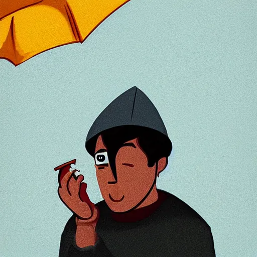 Prompt: a man with umbrella hiding from french fries falling from the sky, digital art, illustration, hyper realistic