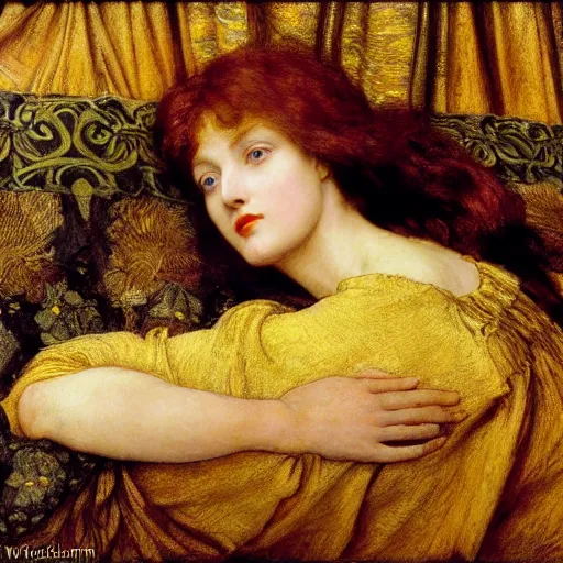 Image similar to preraphaelite photography reclining on bed, a hybrid of judy garland and a hybrid of madame de stael and eleanor of aquitaine, aged 2 5, big brown fringe, yellow ochre ornate medieval dress, john william waterhouse, kilian eng, rosetti, john everett millais, william holman hunt, william morris, 4 k