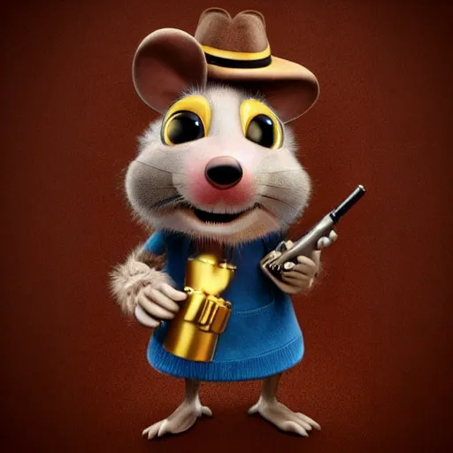 Image similar to 3d anthropomorphic rat, disney pixar, holding tommy gun, velvet, fur coat, high quality, golden necklace, fendi, high fashion