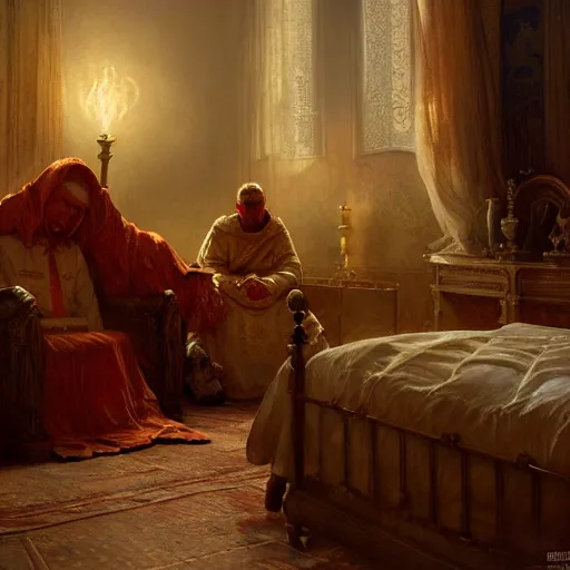 Image similar to the pope is in his bedroom, terrified because demons are attacking him. highly detailed painting by gaston bussiere, greg rutkowski, craig mullins 8 k