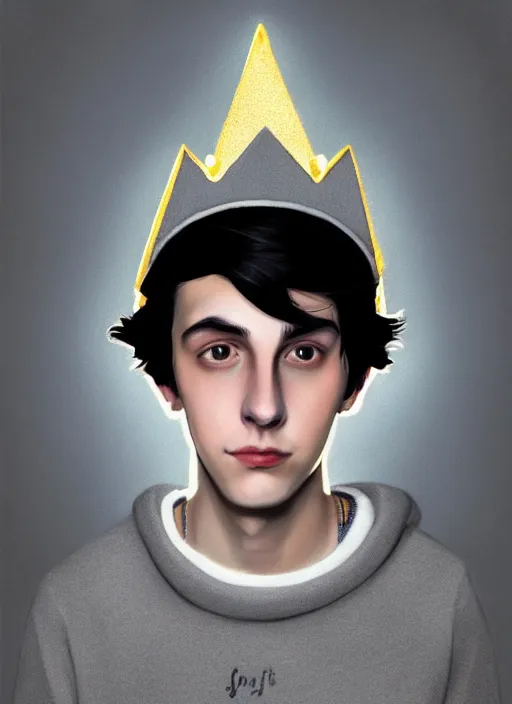 Image similar to portrait of teenage jughead jones wearing a light grey crown, photorealistic, crown, eyes closed, crown, black hair, sweater with letter s on it, letter s, intricate, elegant, glowing lights, highly detailed, digital painting, artstation, concept art, smooth, sharp focus, illustration, art by wlop, mars ravelo and greg rutkowski