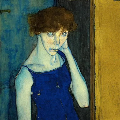 Image similar to close up of a girl in a blue and gold haunted liminal abandoned room, watercolor by schiele, by hammershøi, art noveau, highly detailed, lights by edward hopper, liminal, eerie, bright pastel colors