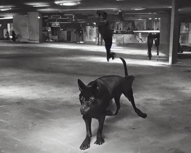 Image similar to camera footage of a 3 Aggressive Feral Black Dogs with rabies Chasing a young woman in an abandoned shopping mall, high exposure, dark, monochrome, camera, grainy, CCTV, security camera footage, timestamp, zoomed in, Feral, fish-eye lens, Nightmare Fuel, Dog, Evil, Bite, Motion Blur, horrifying, lunging at camera :4