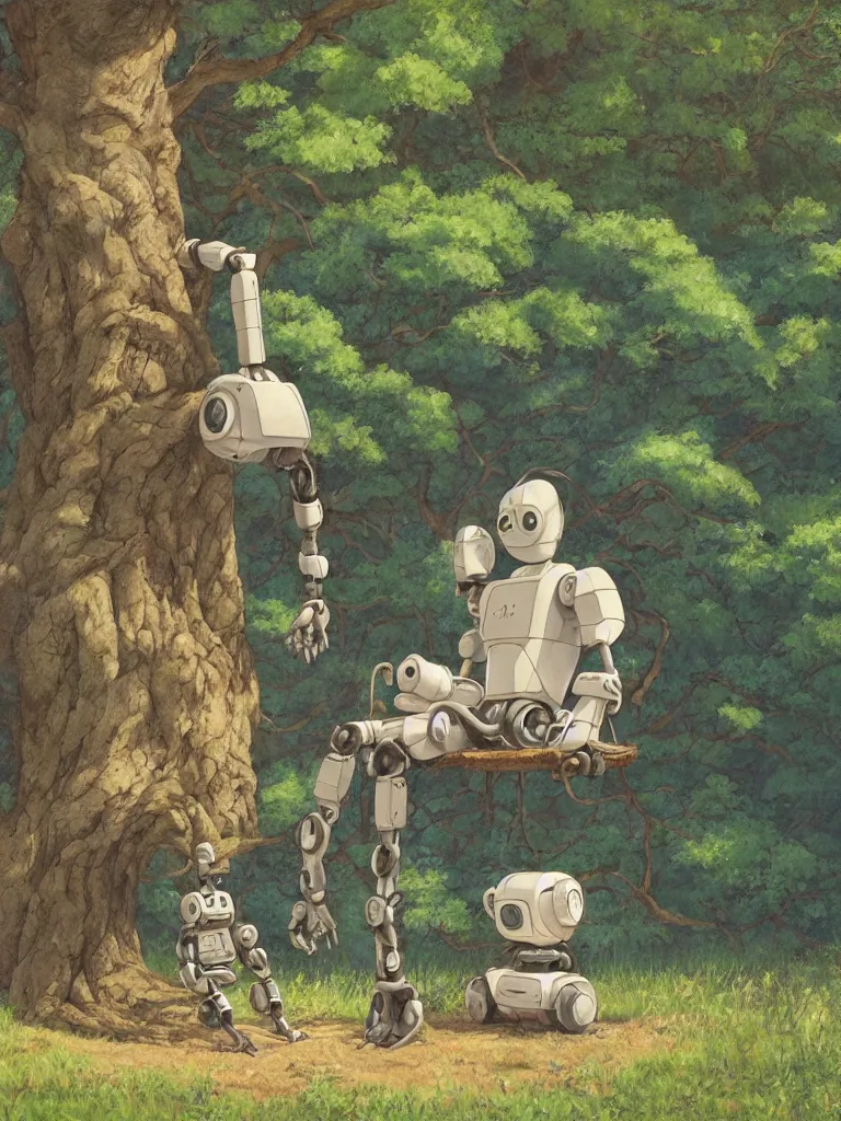 Image similar to award winning hyper-realistic portrait painting of a rustic robot sitting under a tree, film still in the style of Studio Ghibli, by Hayao Miyazaki, high quality, detailed, 8k, amazing, single robot