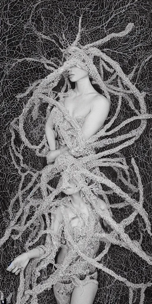 Image similar to a woman entwined in a coral reef, made of intricate decorative lace leaf skeleton, in the style of the dutch masters and gregory crewdson, dark and moody