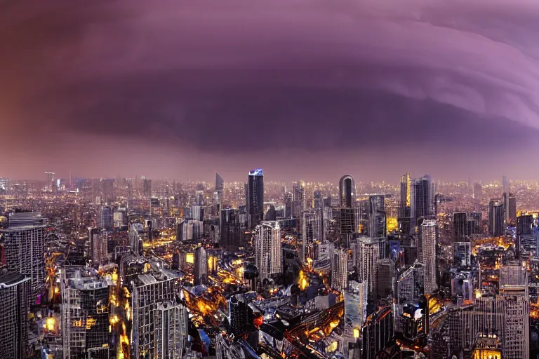 Prompt: a photo of a supercell thunderstorm in a city, cityscape, skyscrapers, illuminated from various angles by the setting sun, cinematic