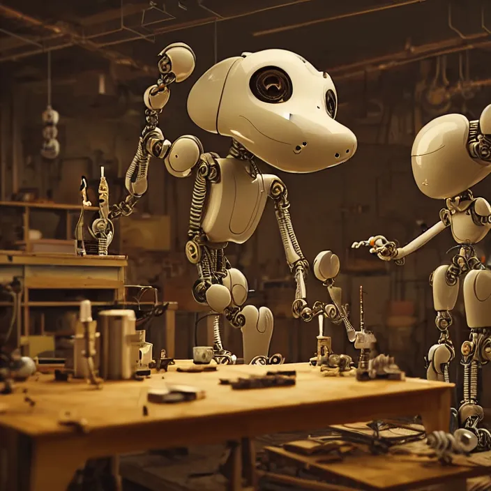 Image similar to crew of robot - workers building giant mouse - movie prop - head in quaint workshop, octane render, 4 k ultra hd, hyper - detailed, realistic, seedy lighting, sharp focus, in style of beeple