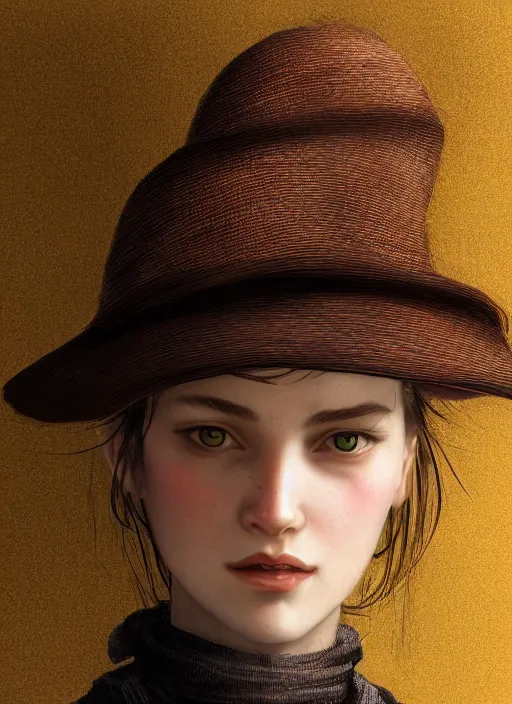 Prompt: a portrait of a female wearing a hat, hyper detailed, digital art, trending in artstation, cinematic lighting, studio quality, smooth render, unreal engine 5 rendered, octane rendered, art style by klimt and nixeu and ian sprigger and wlop and krenz cushart