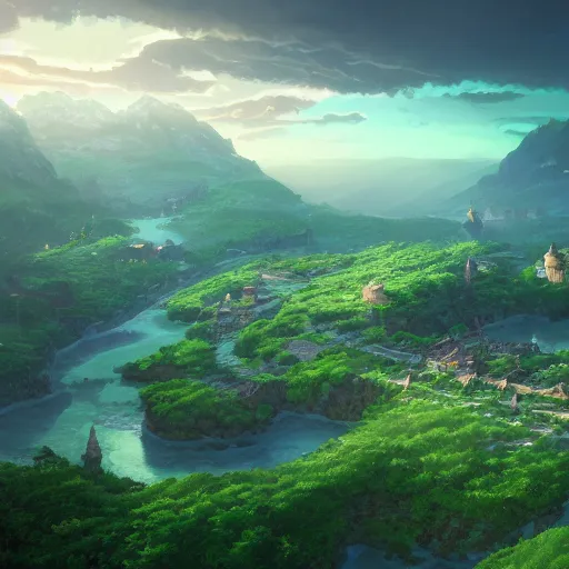 Image similar to beautiful render of forgotten kingdom with nearby village, by andreas rocha and makoto shinkai, green color, aerial photography, ultrawide lens, unreal engine, 4 k hd wallpaper : 2