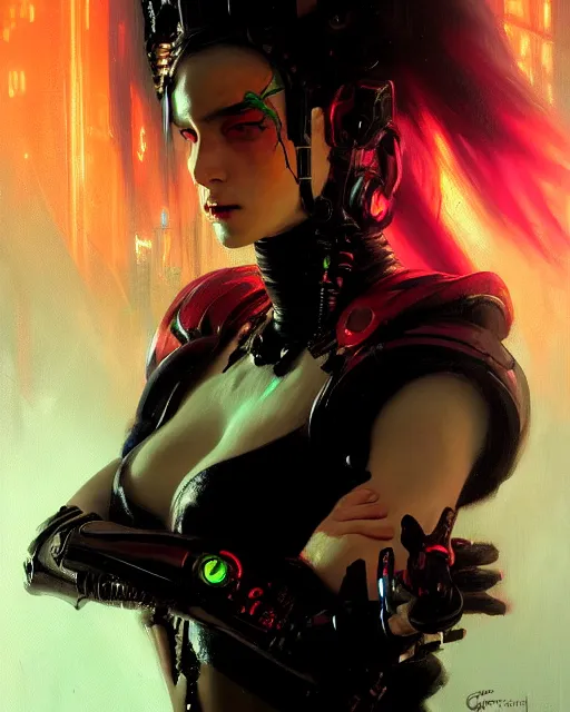 Image similar to painted close - up portrait of a neon intimidating cyberpunk girl. oil painting, wearing a noblewoman's outfit, fantasy art by greg rutkowski and john singer sargent and gaston bussiere, demon noble character design