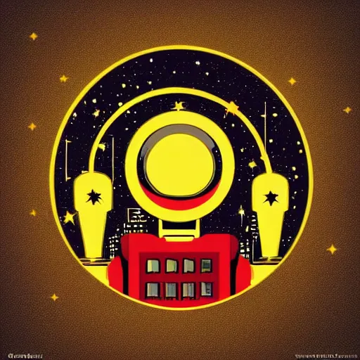 Image similar to “1950s art deco style robot silhouette facing a futuristic city, planets and stars in the background, retro poster.”