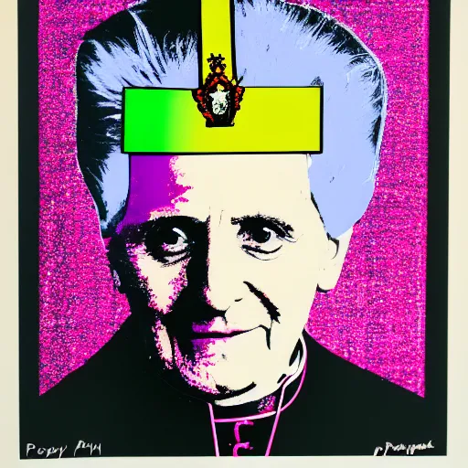 Image similar to portrait of pope benedict xvi wearing tiara on the top of his head in the style of screen print by andy warhol. pop art