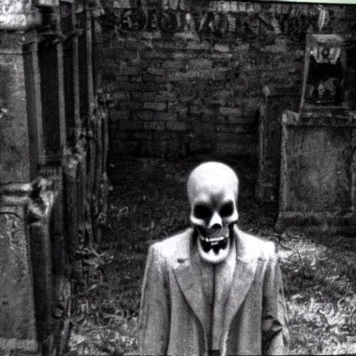 Prompt: cctv security cam grainy black and white footage of baron samedi in an spooky graveyard. baron samedi is looking at the camera.