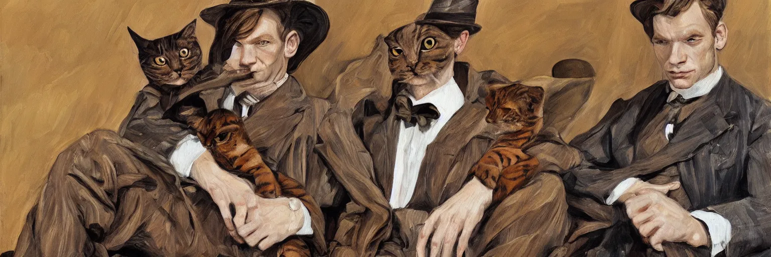 Image similar to high quality high detail painting by lucian freud, hd, ewan mcgregor painting by river seine dressed as a gentleman in paris at early 2 0 th century. brown cat with him